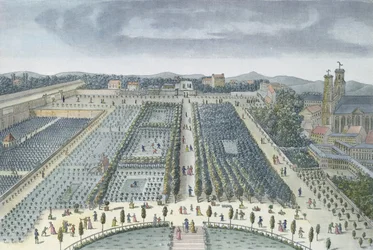 Vista Geral dos Jardins de Luxemburgo em Paris, 1810, gravada por JB Chapuis (aquatint)